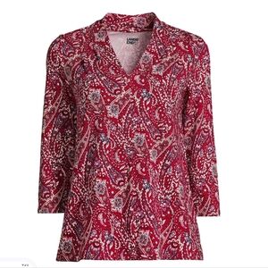 Lands' End Red Paisley 3/4 Sleeve Lightweight Jersey V-neck Top M 10-12